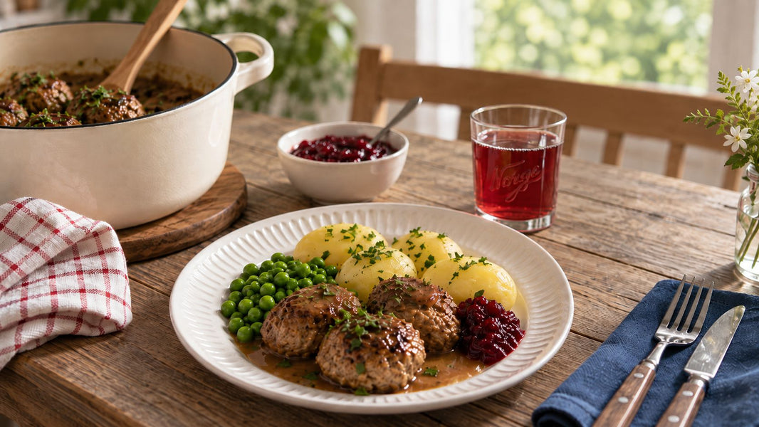 Kjøttkaker med poteter, erter og tyttebærsyltetøy. AI generert.