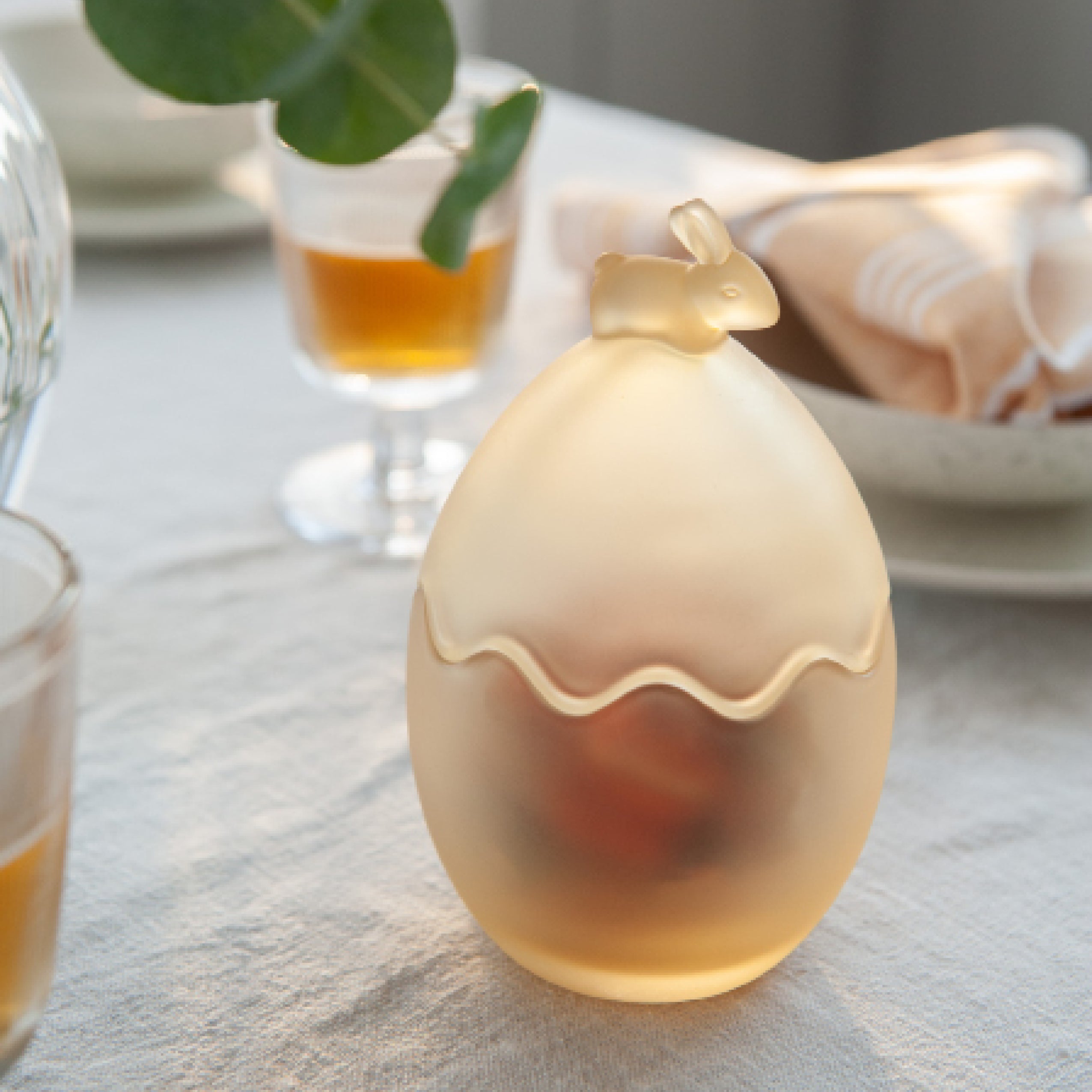 GLASS EGG WITH BUNNY LID FROSTED YELLOW