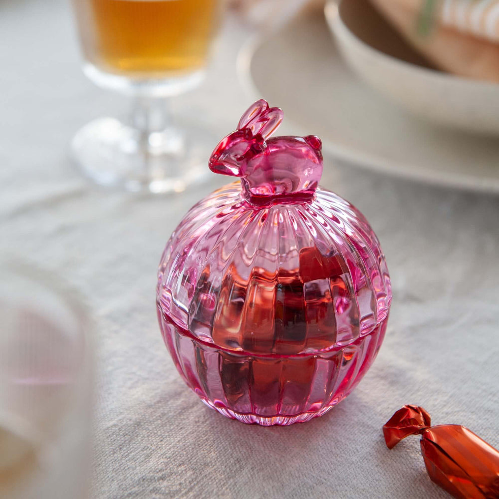 GLASSKÅL HARE MED LOKK KLAR ROSA 12,5 CM