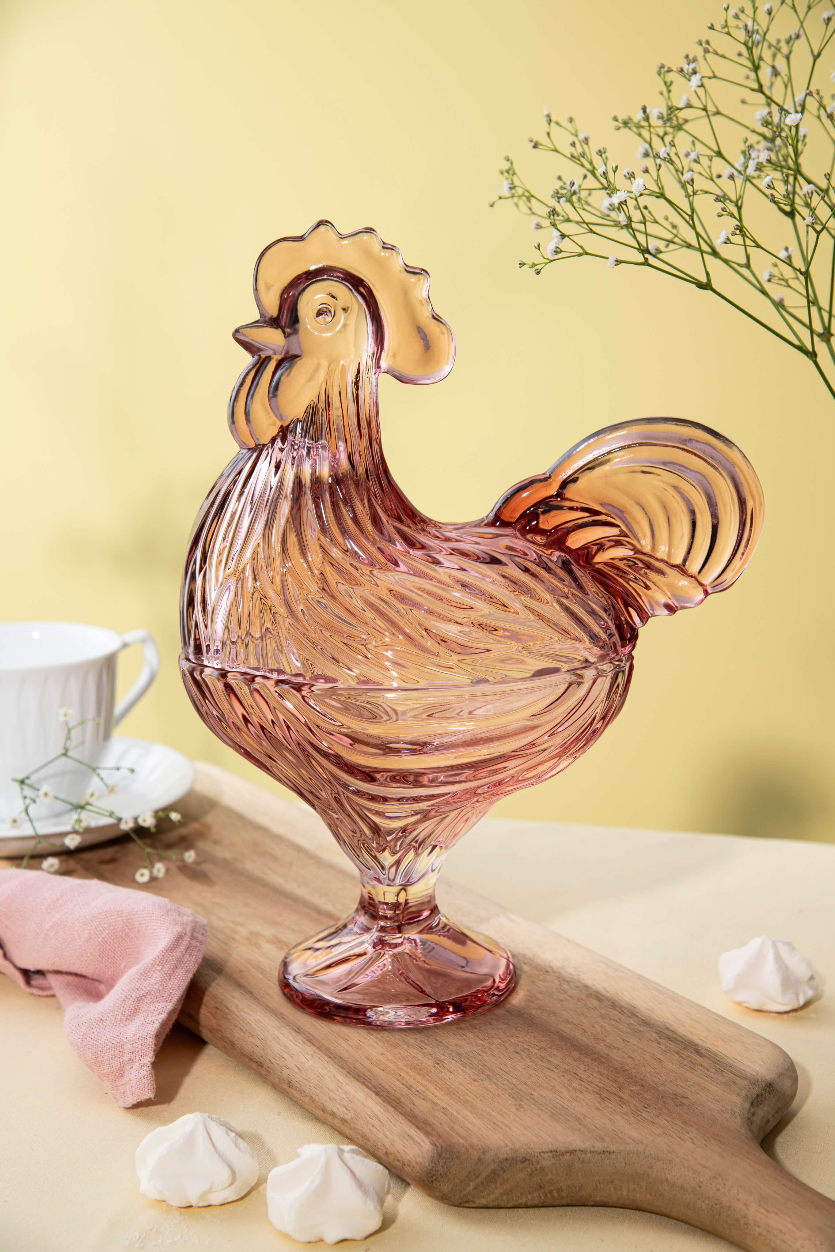 GLASS ROOSTER WITH LID 28CM, PINK