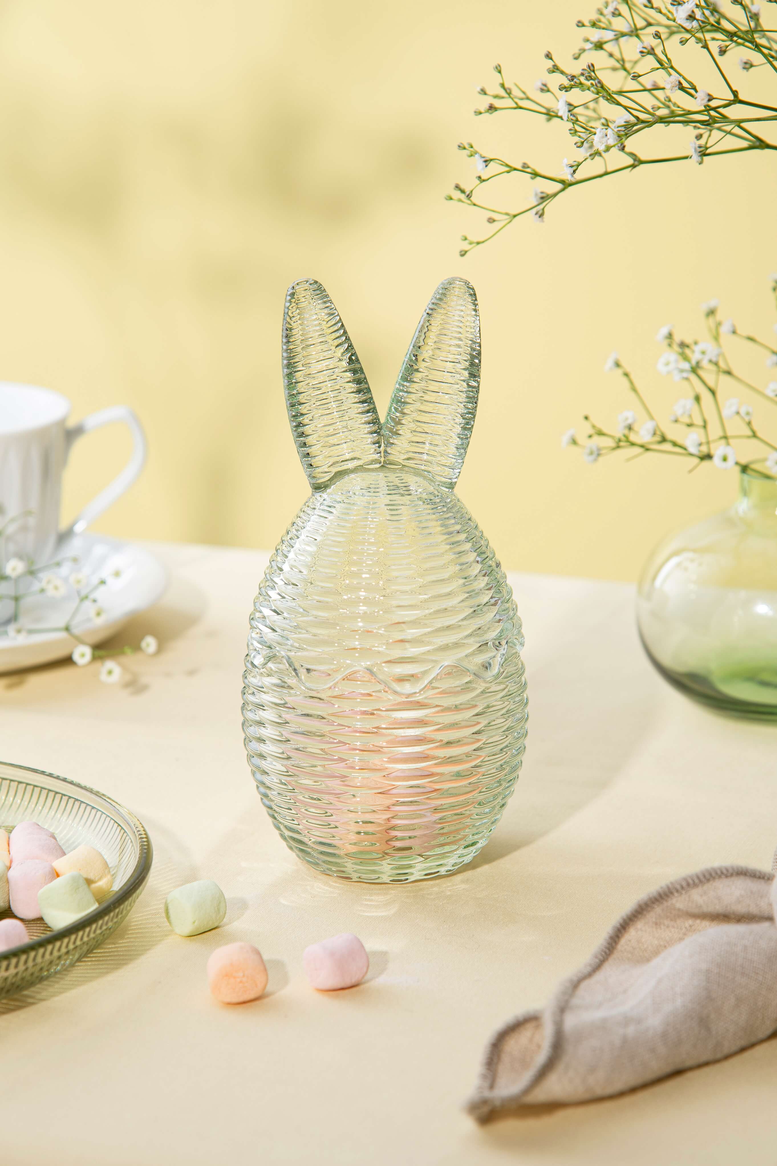 GLASS EGG WITH BUNNY EARS 17 CM GREEN