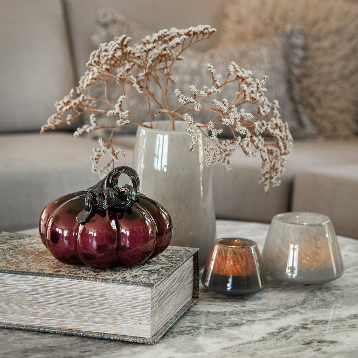 GLASS PUMPKIN DARK PURPLE LUSTER 17CM